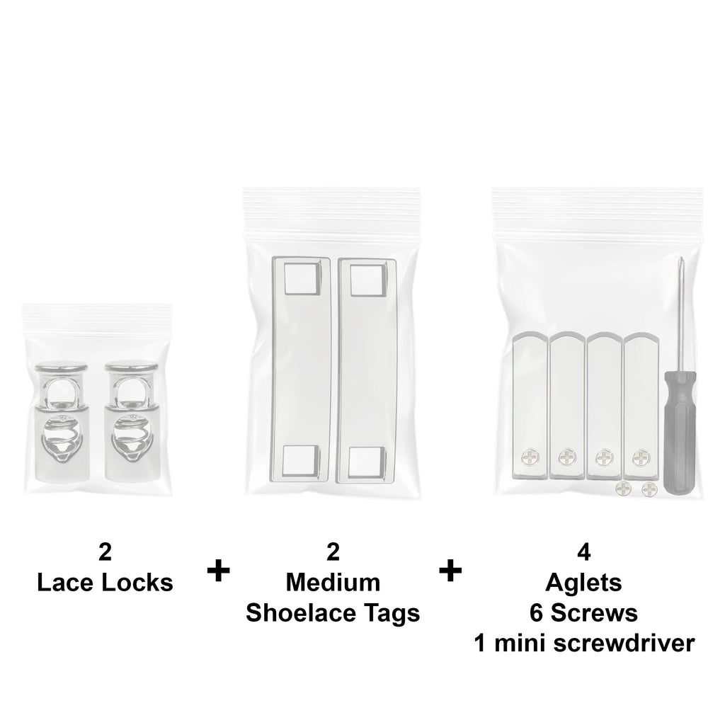 Medium Metal Shoelace Tags + Matching Metal Aglets & Lace Locks