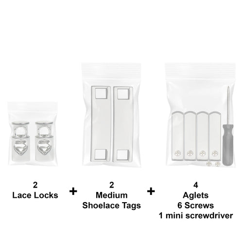 Medium Metal Shoelace Tags + Matching Metal Aglets & Lace Locks